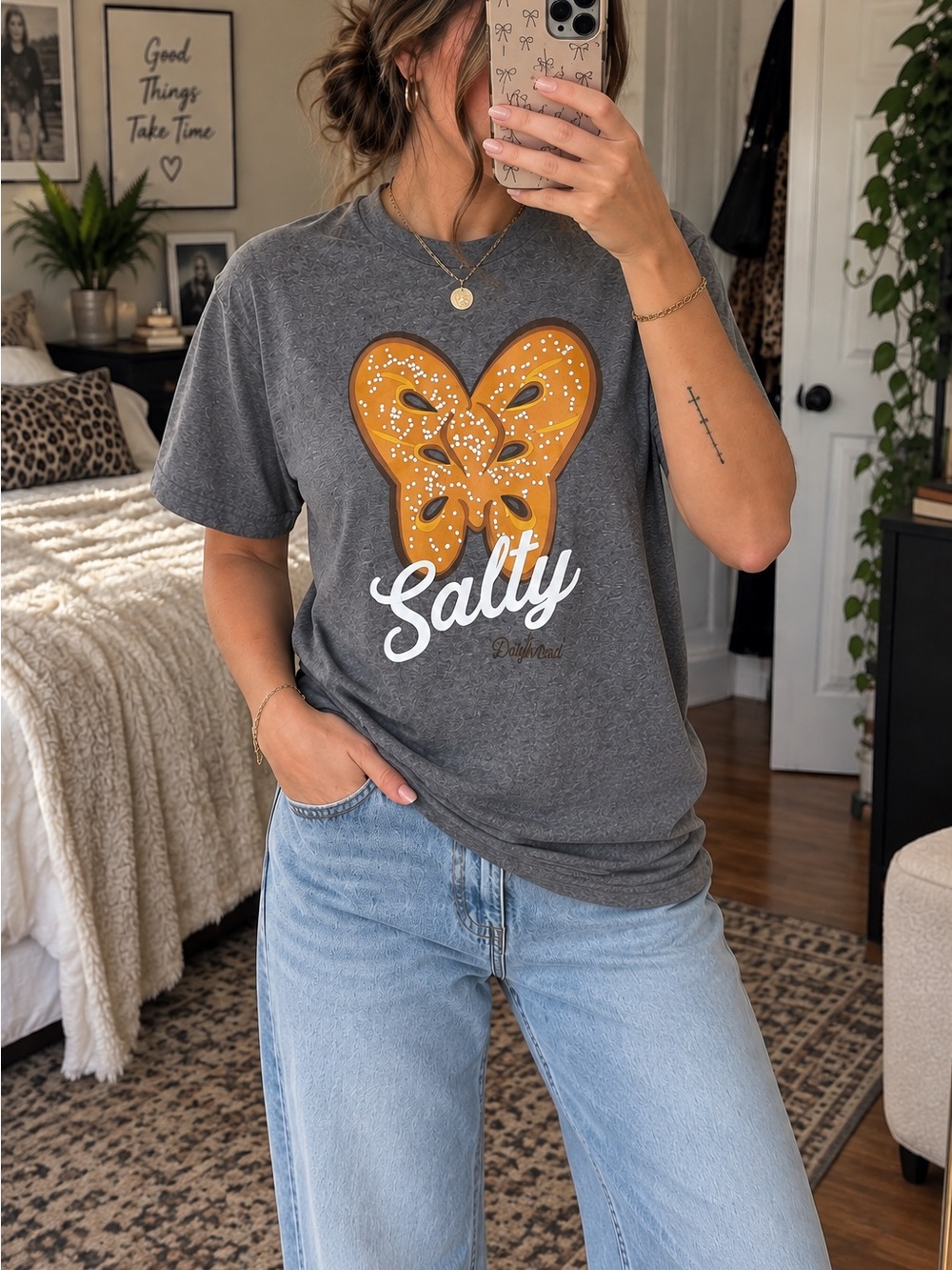 Dollywood Port and Company Dark Gray Tee with Mustard Butterfly Graphic